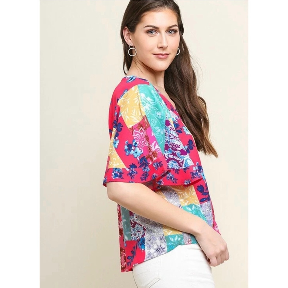 Umgee Mock Wrap Crossbody Flutter Sleeve Mixed Print Top - Picture 2 of 15